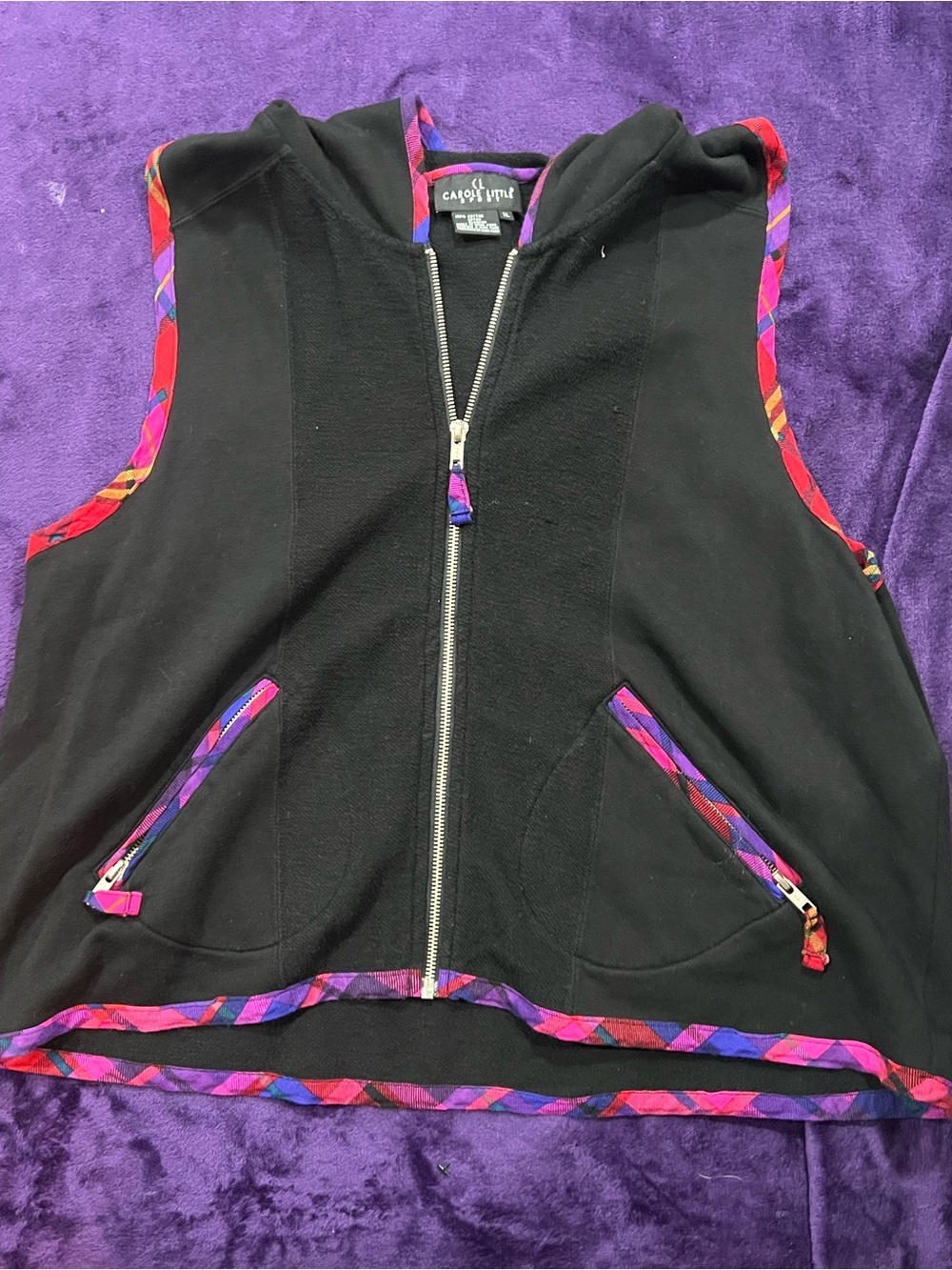 Carole Little Black Hoodie Vest with Pink and Purple Trim